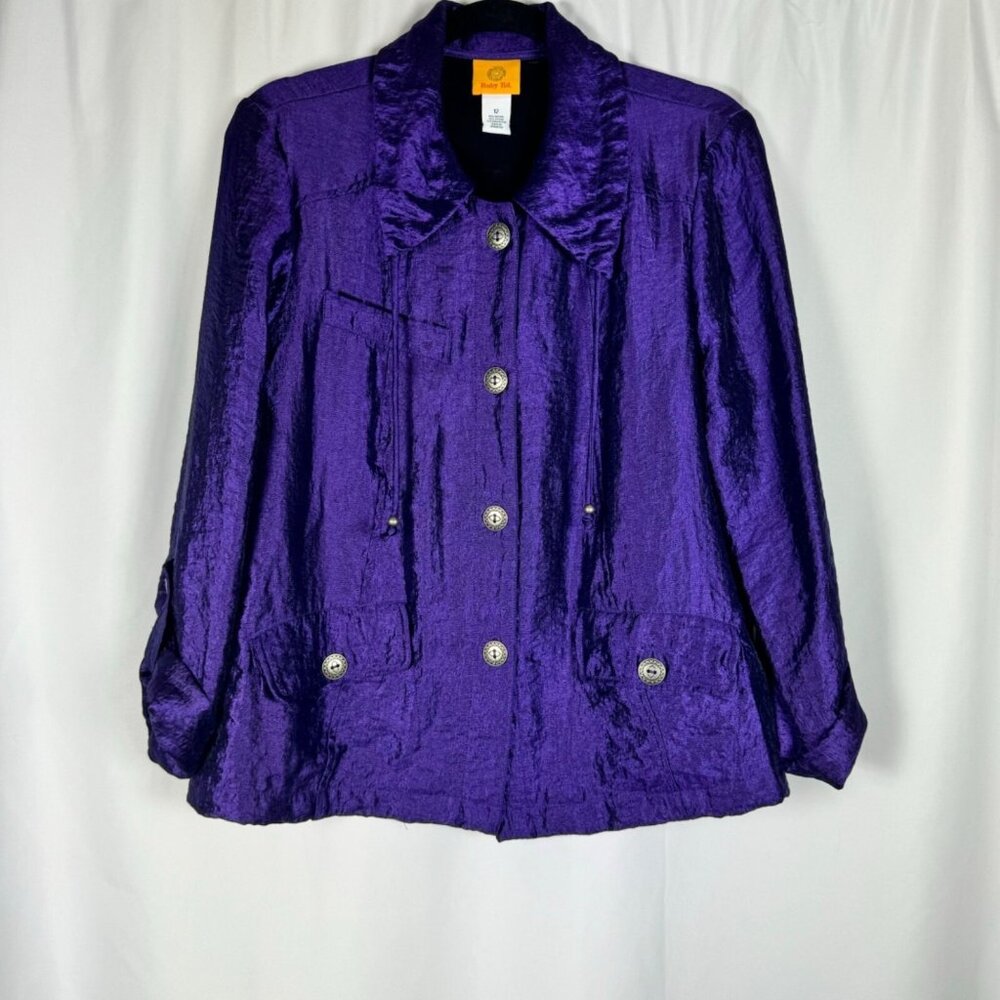 Ruby Rd. Iridescent Purple Jacket Crinkle Texture Cropped Sleeves Buttons 12